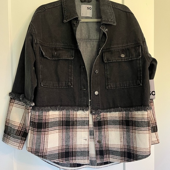SO Denim & Plaid Mixed Media Jacket - Oversized Size S - NWT - Picture 2 of 7